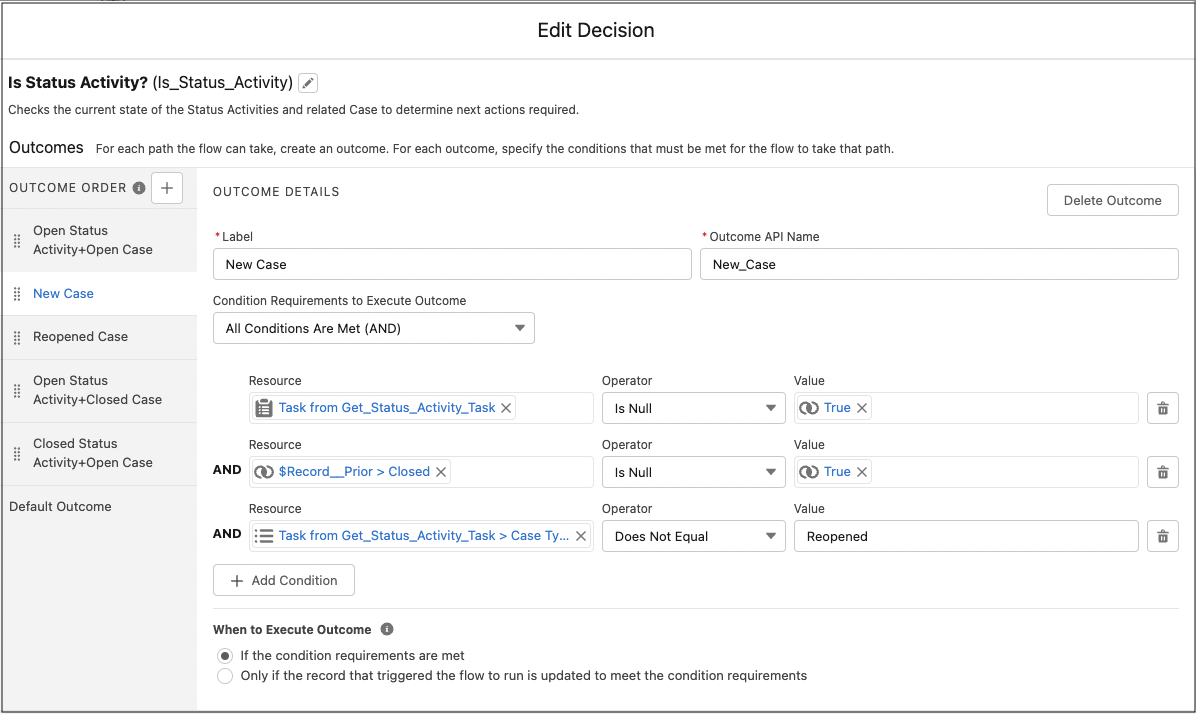 Decision element showing the conditions for the New Case path