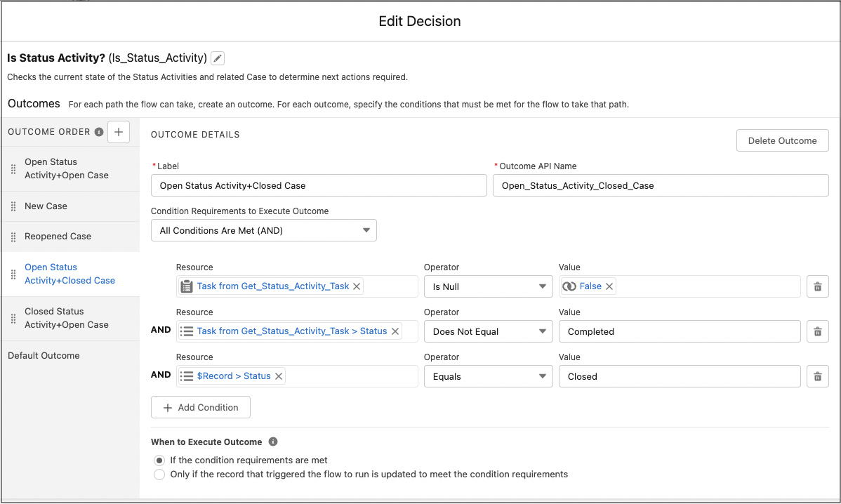 Decision element showing the conditions for the Closed Case and Open Task path