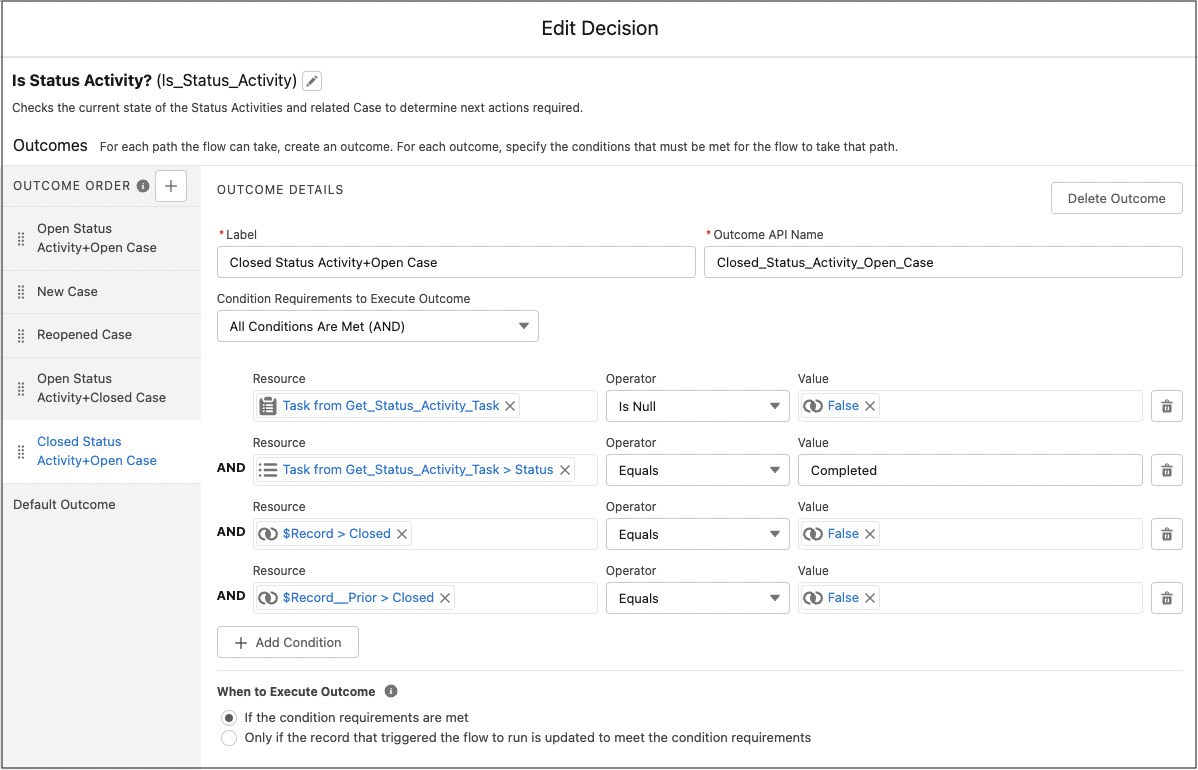 Decision element showing the conditions for the Open Case and Closed Task path