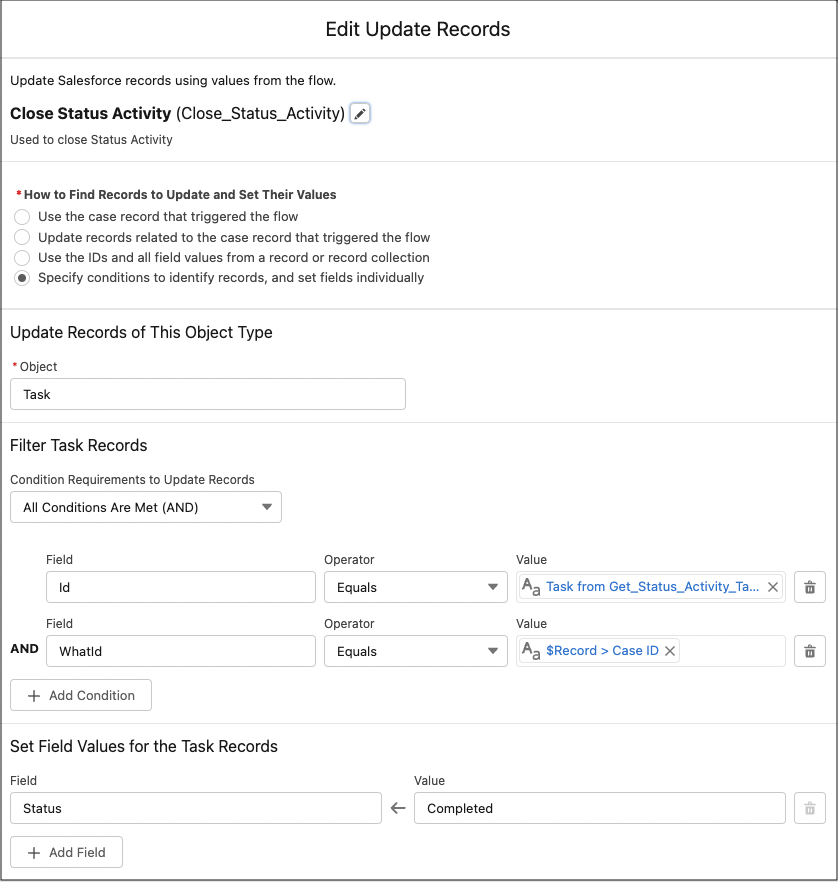 Update element to close the open Task record