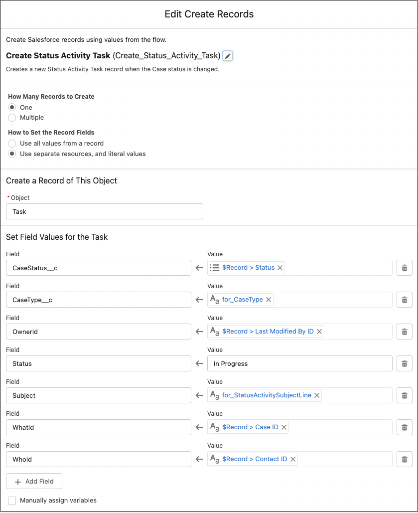 Create element to create a new Task related to the Case record