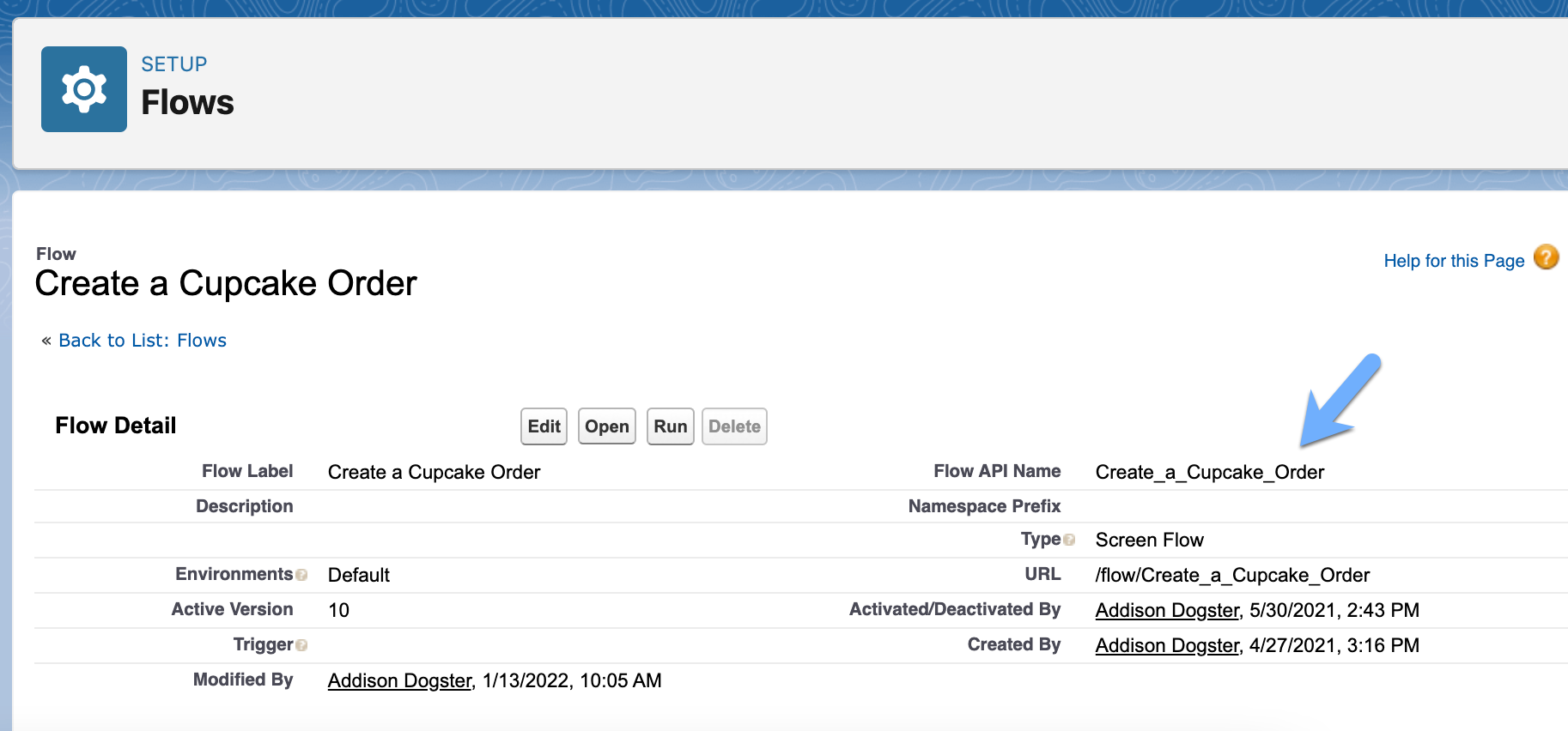 The Flow Detail page with an arrow pointing to the Flow API Name