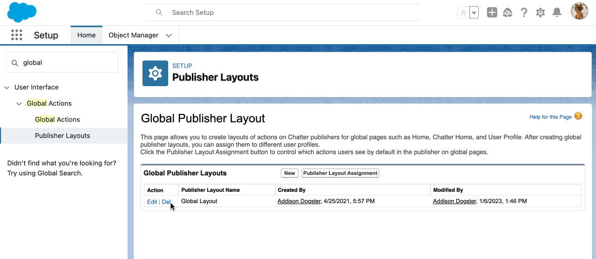 Animated gif showing how to add the quick action to the global publisher page layout