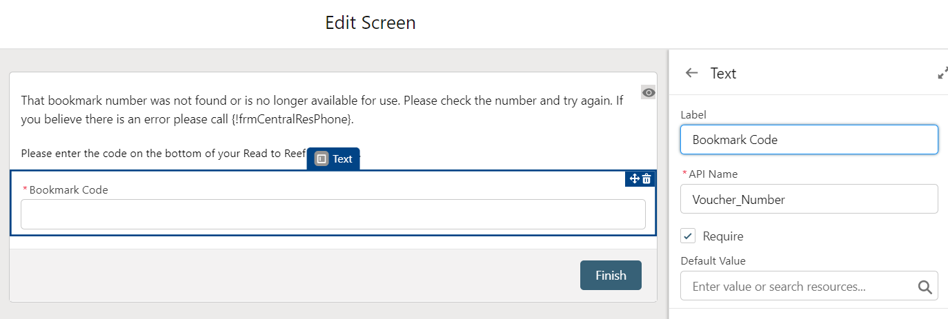 Screen #1 in Flow Builder (Edit screen)—highlighting the text-field component