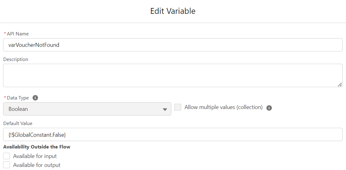 Edit Variable screen, demonstrating the data type and details to create the No Voucher Found variable