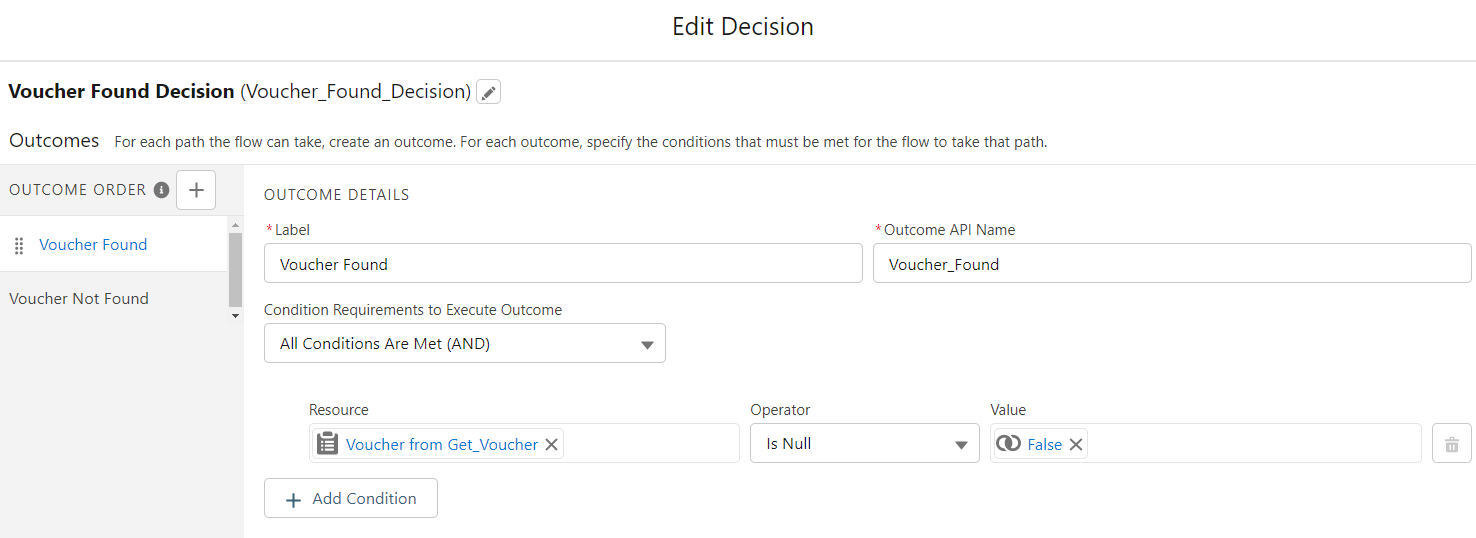 Edit Decision screen with condition requirements for Voucher Found outcome