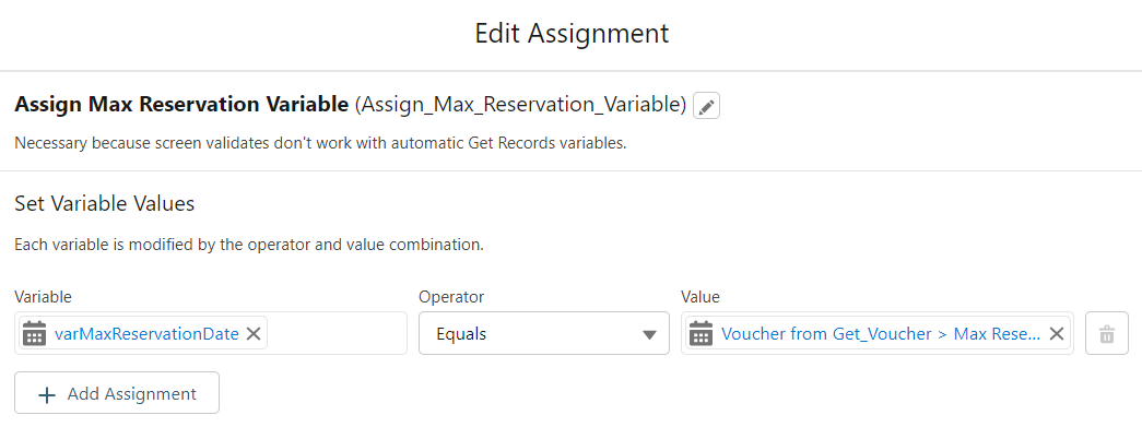 Edit Assignment screen, demonstrating how the variable value is set when the flow determines that the voucher record was found