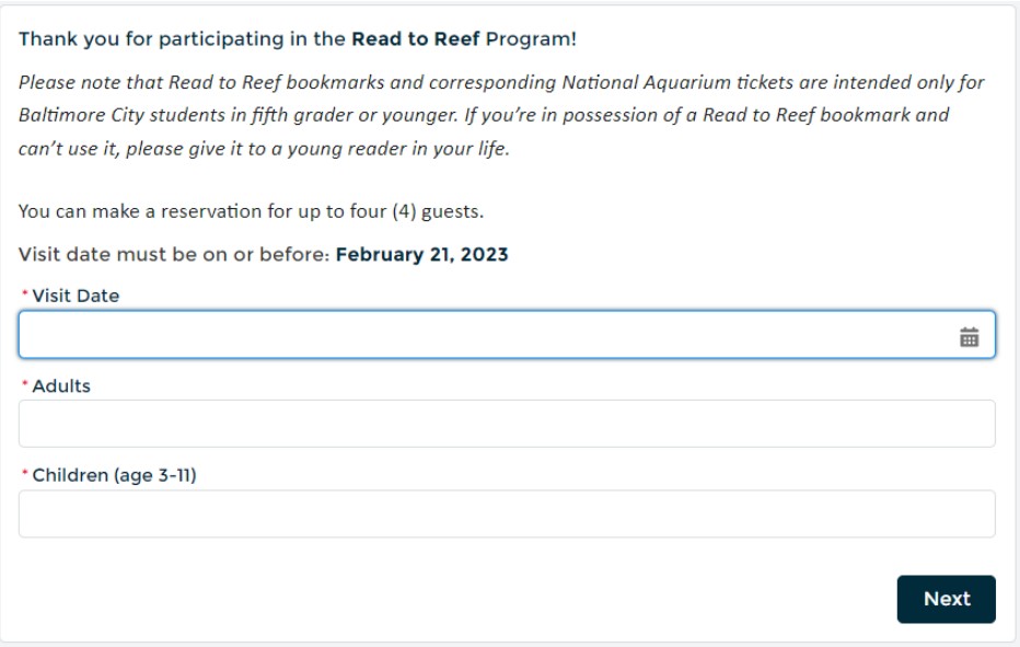 Screen #2 prompts the guest to enter the desired visit date and party size; also displayed on this screen is the max reservation date assigned when the voucher was found.