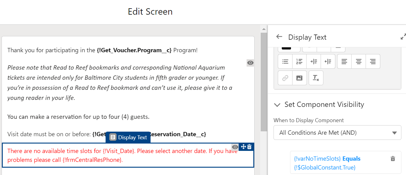 Screen #2 in Flow Builder (Edit screen), highlighting the conditional Display Text component and component visibility condition