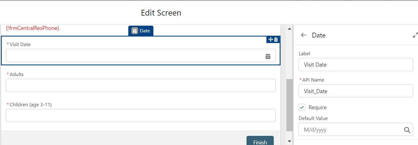 Screen #2 in Flow Builder (Edit screen), highlighting the Input Date component and Input Number components