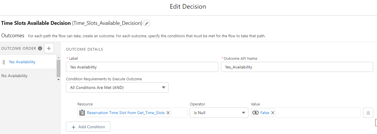 Edit Decision screen with condition requirements for Yes Availability outcome