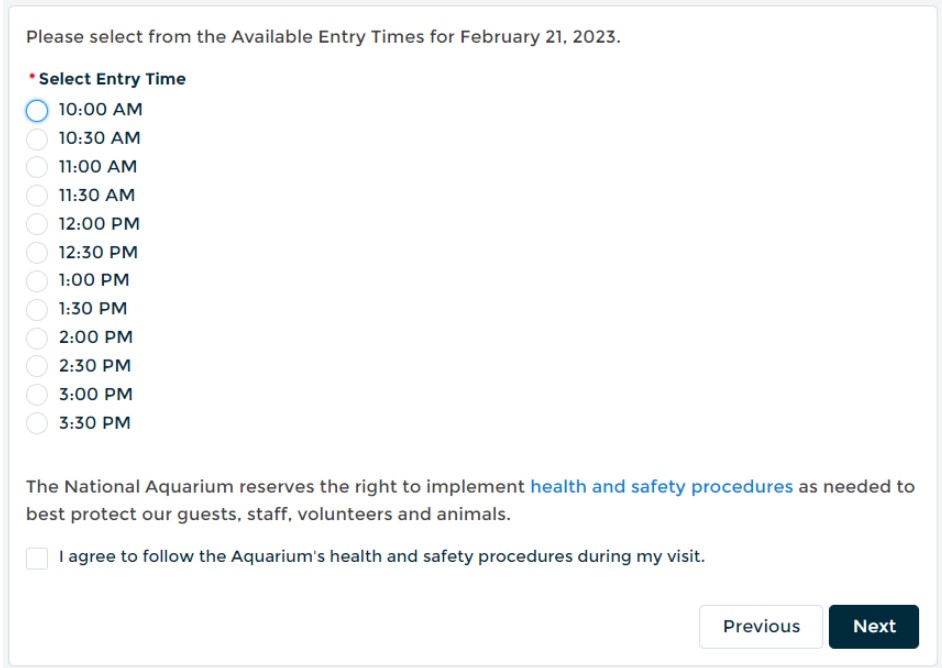 Screen #3 prompts the guest to select the entry time (time slot record) available for the date selected.