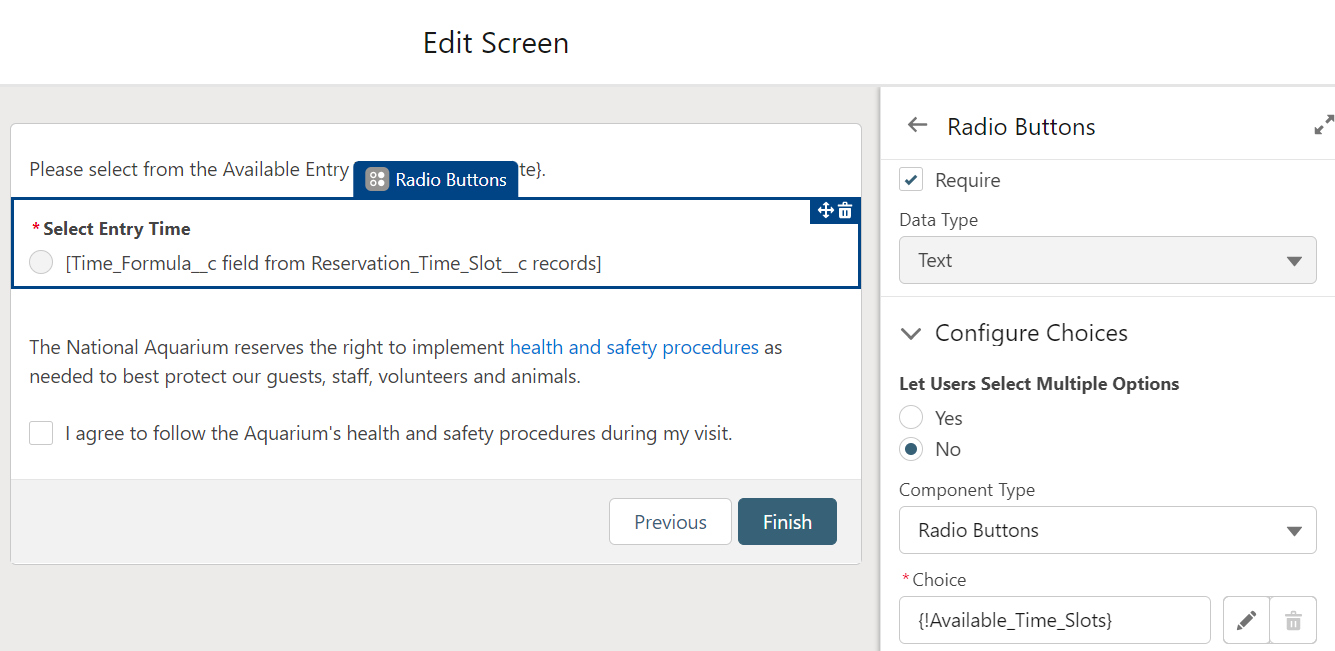 Screen #3 in Flow Builder (Edit screen), highlighting the Radio Buttons component to present selection choices