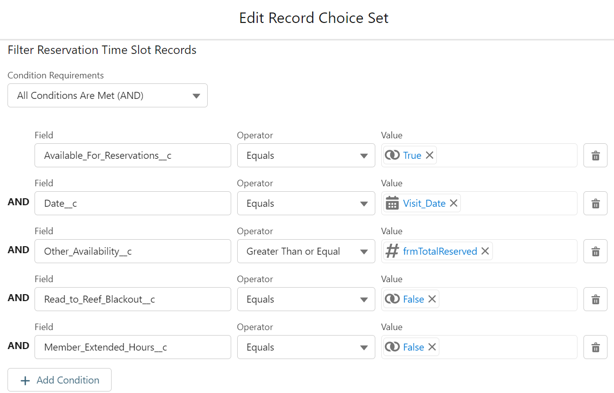 Edit Record Choice Set screen, for reservation time slots, using the same condition requirements as the Get Records step