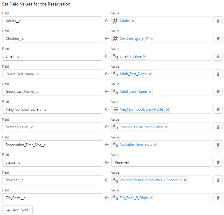 Create Record screen, with field values mapped to values inputed by the Site User in the screen flow