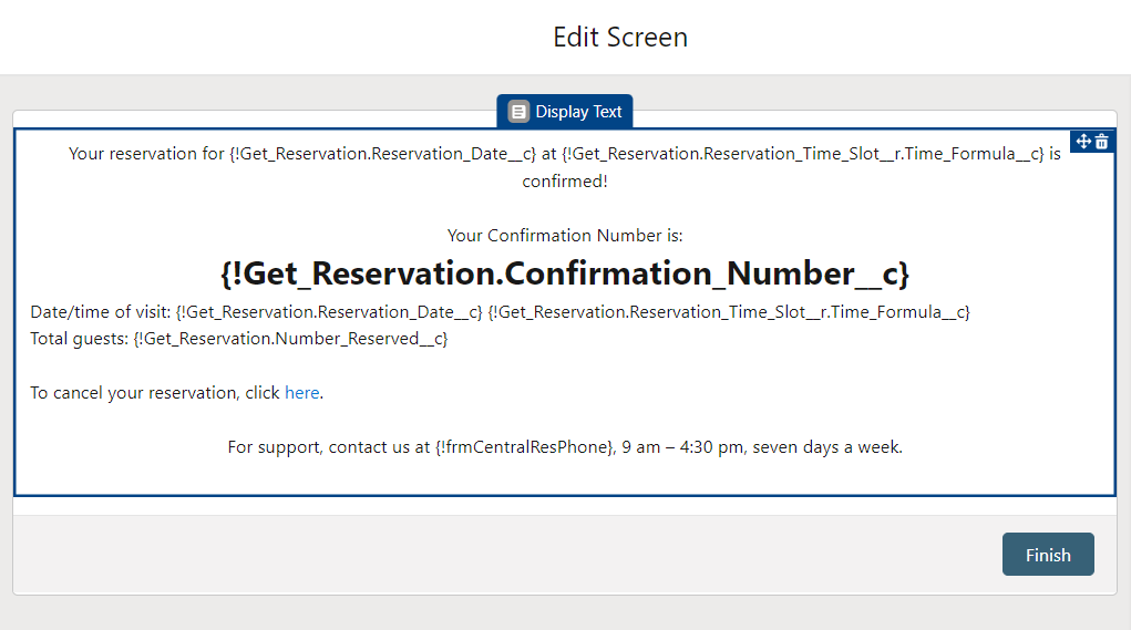 Screen #5 in Flow Builder (Edit screen), demonstrating a single Display Text component to display data from the new reservation created