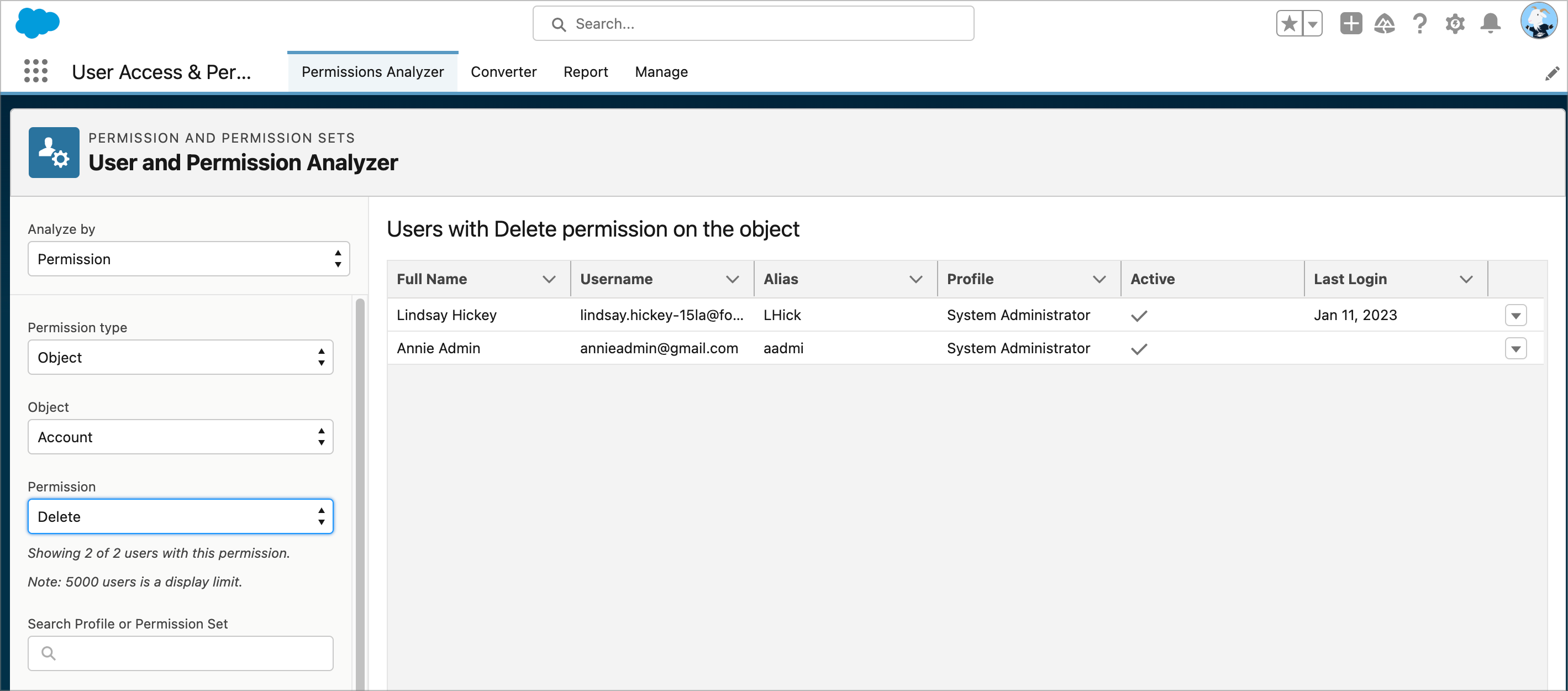 The User Access and Permission Analyzer app; the tab of Permission Analyzer is selected. We're analyzing by Permission. The Permission Type is Object. The object is Account and the permission is Delete. This shows us that two users have this permission. 