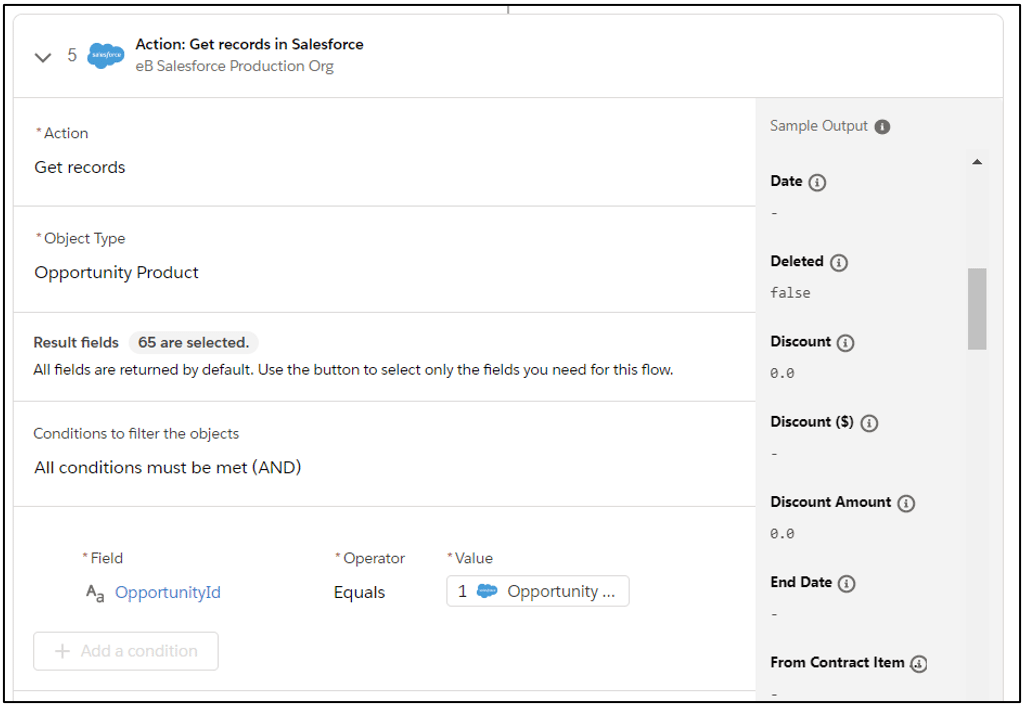 Step 5: Get records action to locate and store products related to the opportunity from Step 1