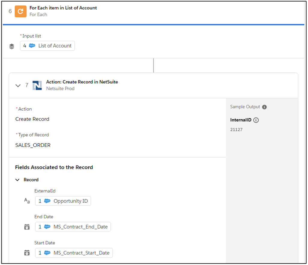 Step 6/7: For each node that cycles through the list of account and begins to map fields from Salesforce to NetSuite