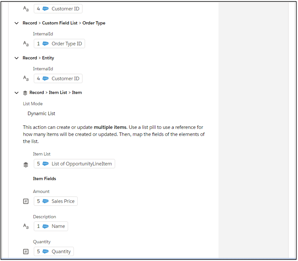 Continuation of field mapping between the Salesforce opportunity and NetSuite sales order and items for Step 7