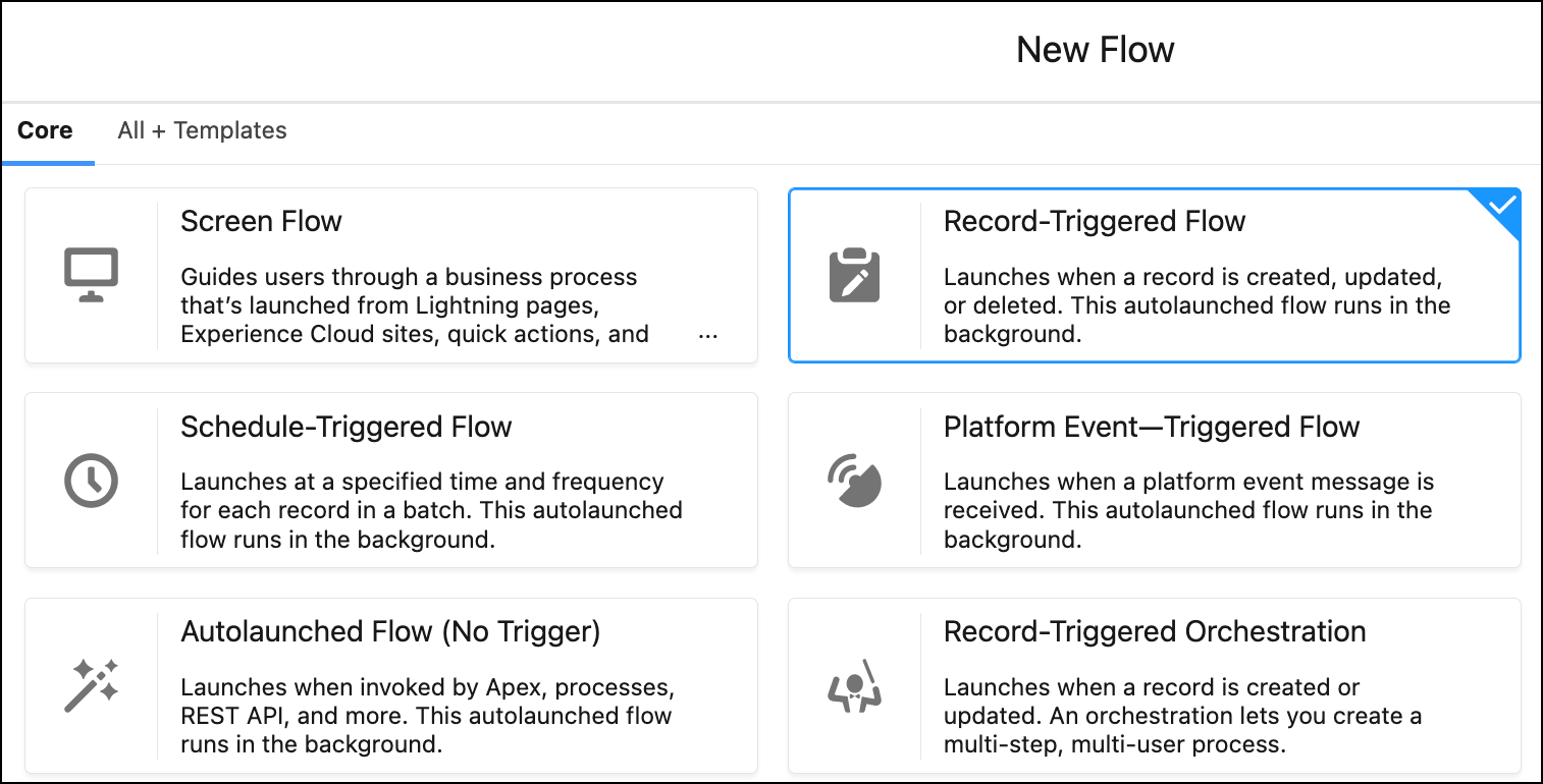 Core New Flow menu screen with Record-Triggered Flow selected