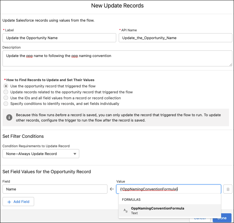 Configured Update Records element to update the opportunity name using the formula resource