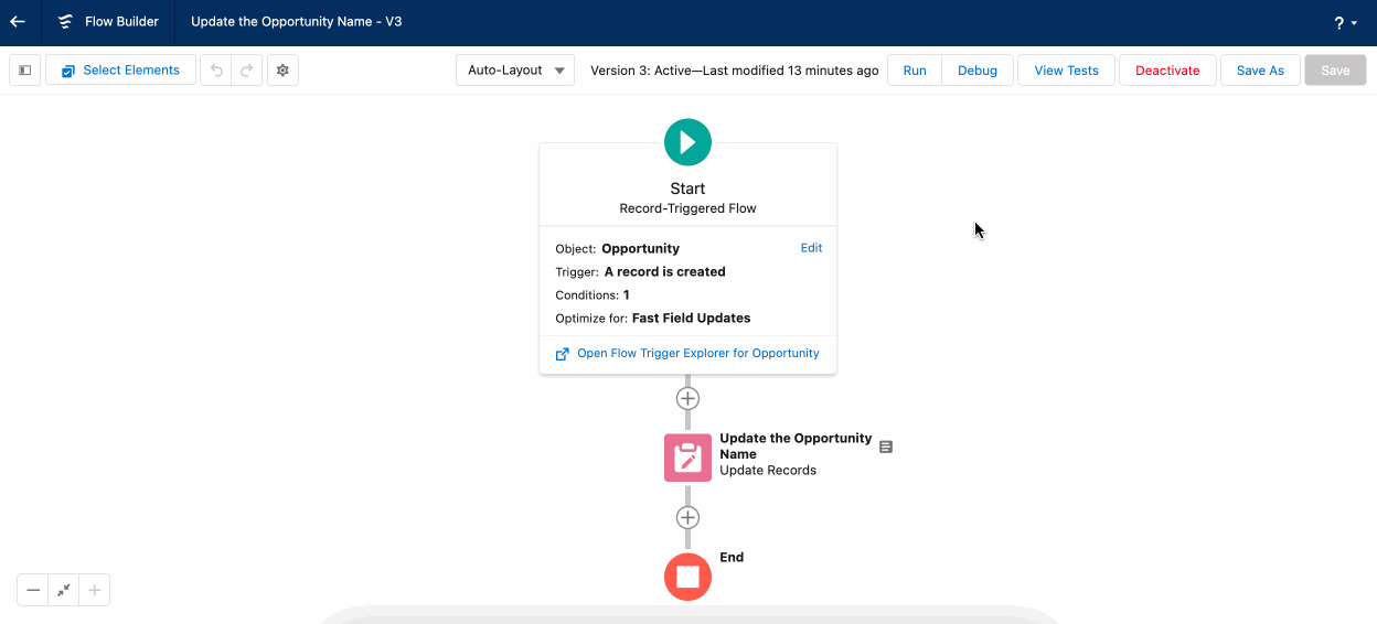 Use the Debug feature to test your record-triggered flow before saving and activating it