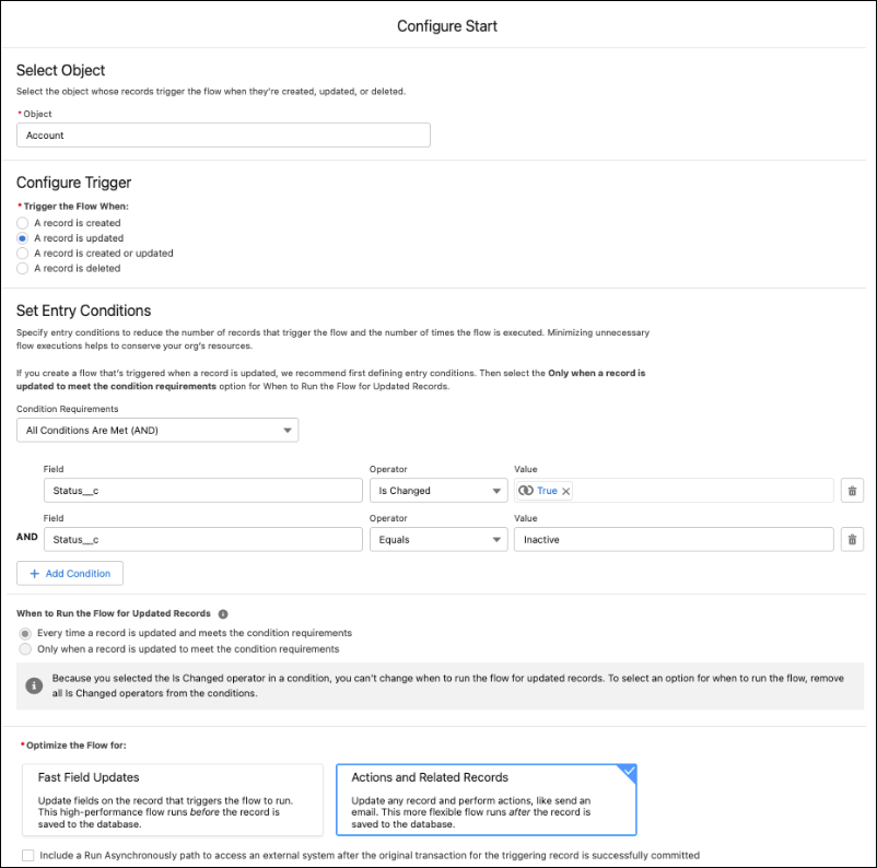 Configured Start element for the Account object when an account status is updated to “Inactive”