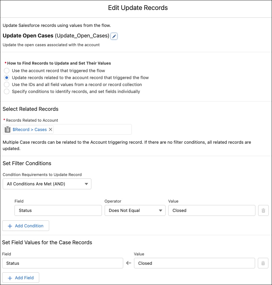 Update Records element to find open cases associated with the account and update the status to “Closed”