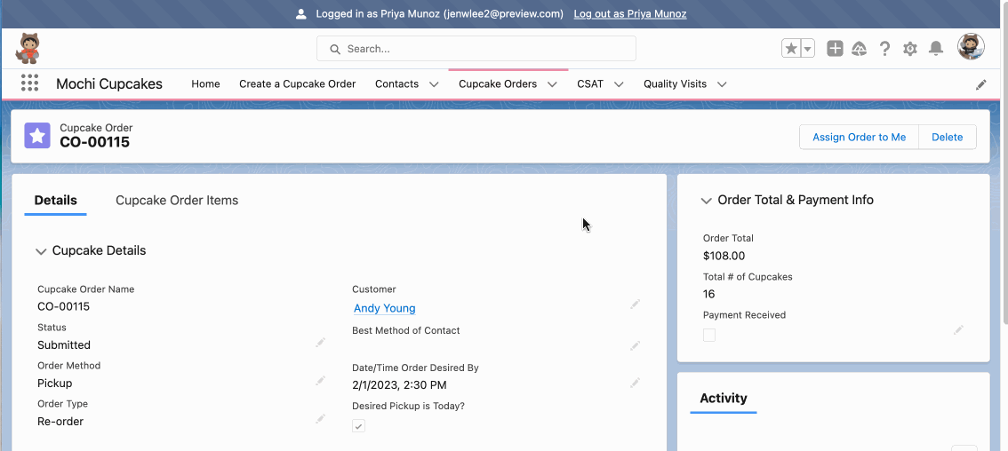 Demo of Assign Order to Me automation from a staff member’s perspective