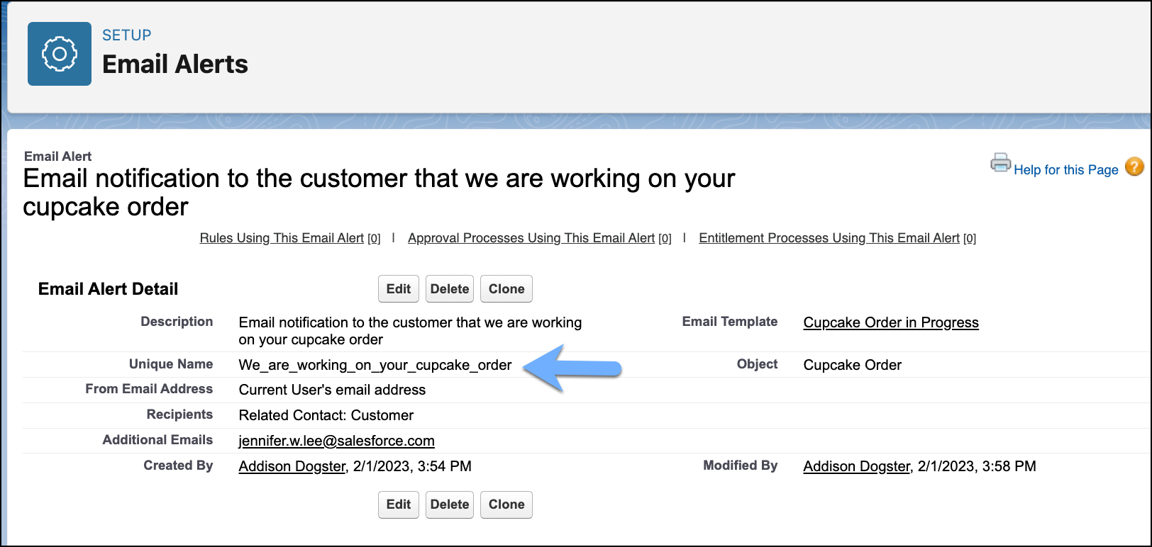 Configured Email Alert with an arrow highlighting the API name