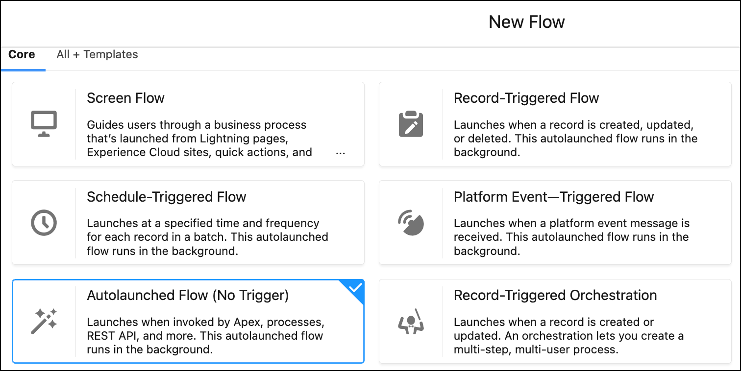 New Flow menu page with Autolaunched Flow (No Trigger) selected