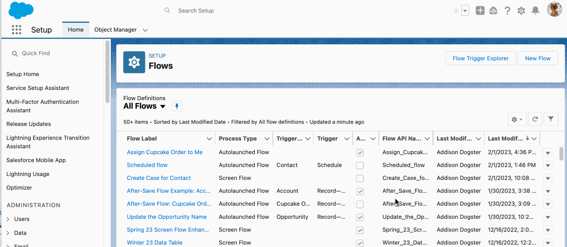 Shows how to navigate to the flow details page in Setup