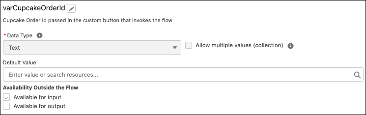 Variable varCupcakeOrderId configured as a text data type and available for input