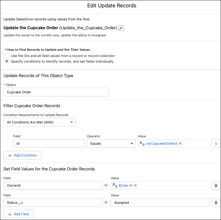 Configured Update Records element that sets ownership and status field