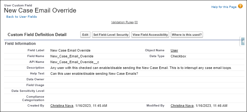 New Case Email Override custom checkbox field on the User Object