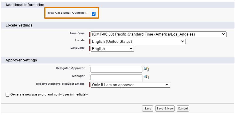 User record displaying the New Case Email Override custom field set to TRUE