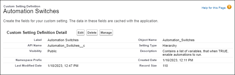 Custom setting called Automation Switches