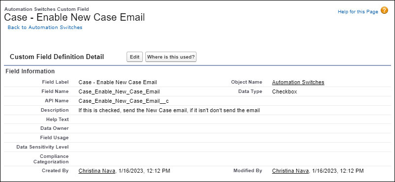 Case - Enable New Case Email custom field on an Automation Switches custom setting