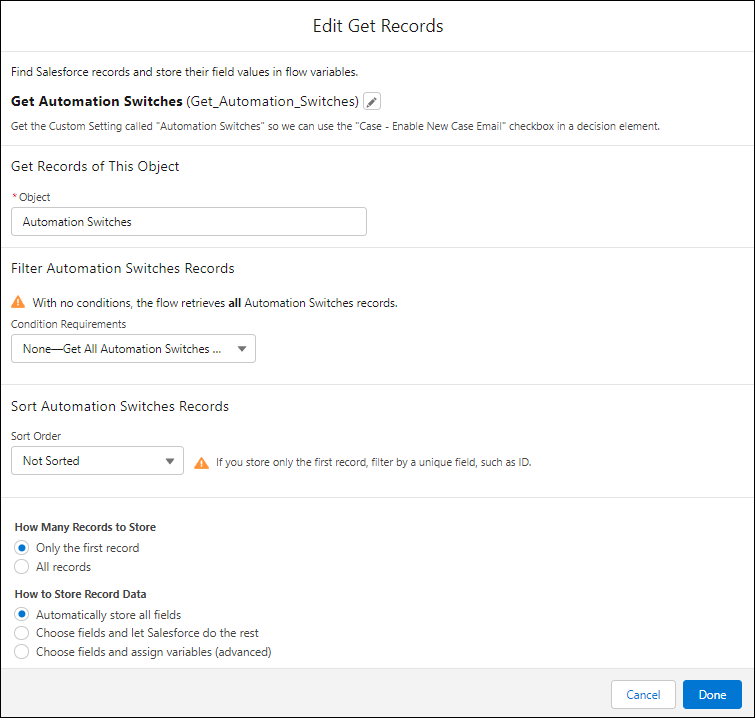 Get Records element returning the first Automation Switches record