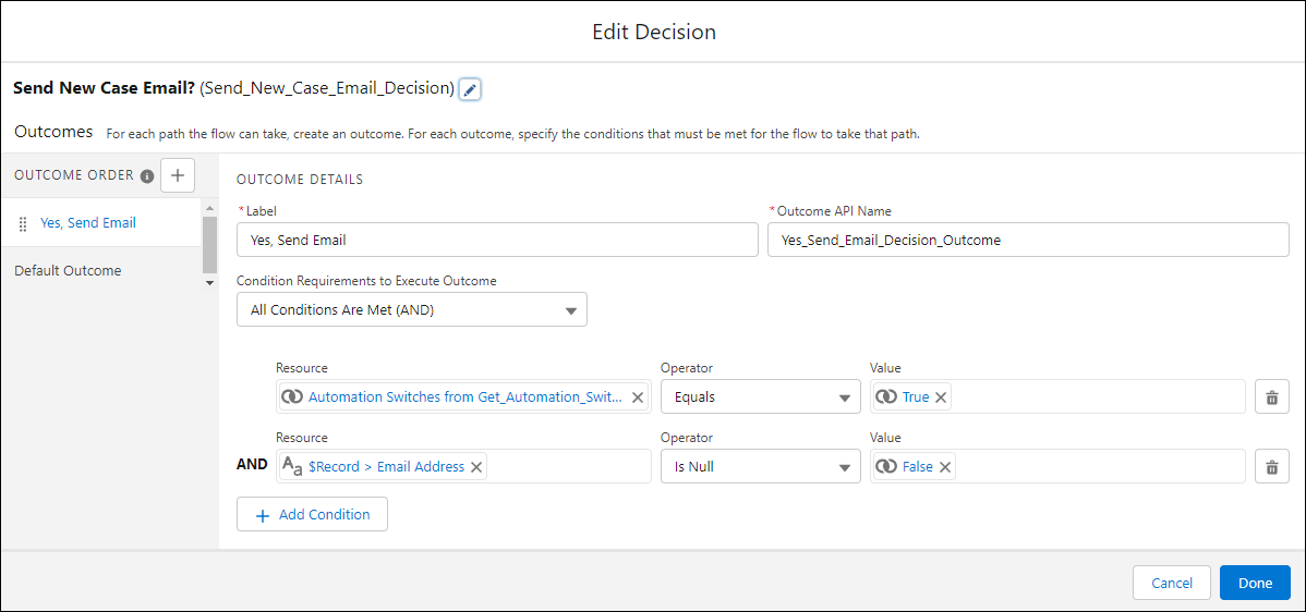 Decision element that checks to see if the Case - Enable New Case Email field on the Automation Switch is TRUE