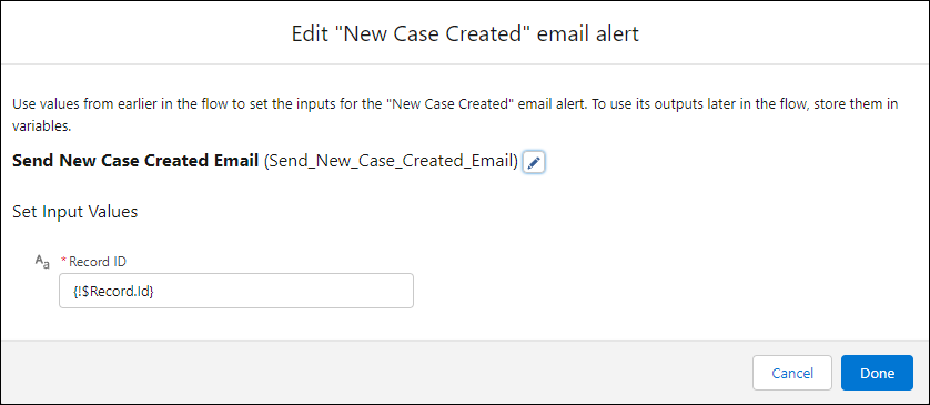 Send Email Alert element, which uses the Record.Id and the "New Case Created" email alert