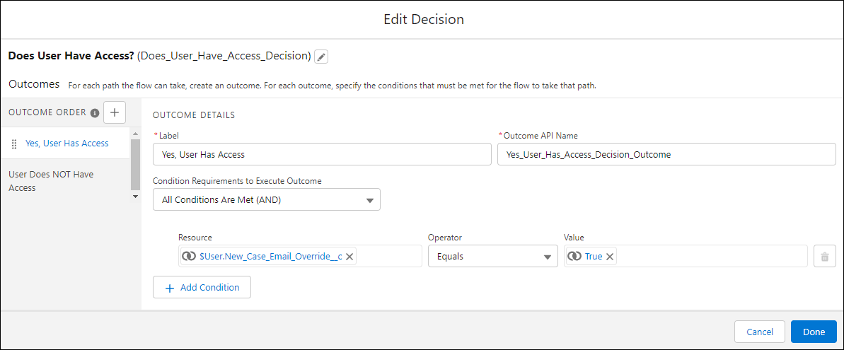 Decision element checking the New Case Email Override checkbox on the running user