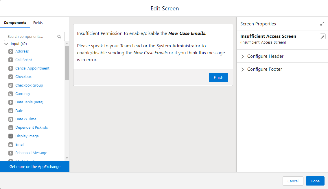 Display screen informing user they have insufficient permission to proceed