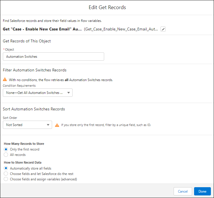 Get Records element returning the first Automation Switches record