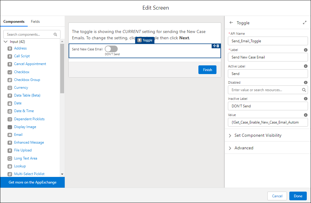 Display screen with instructions and toggle component showing the current value of the Case - Enable New Case Email field