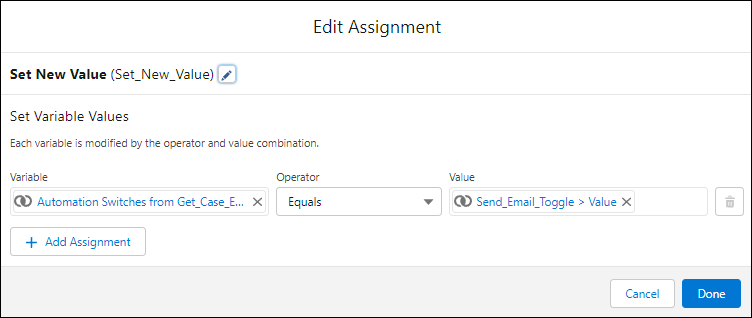 Assignment element setting the value of the Case - Enable New Case Email field to the new value from the toggle on the previous screen