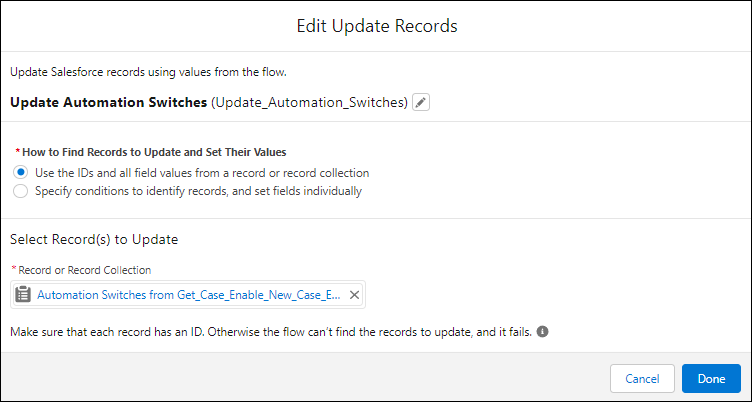 Update Records element updating all field values for the Automation Switches record