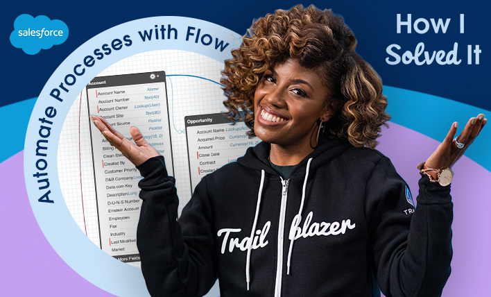 Brittanee Charles in a Trailblazer hoodie next to text that says, "Automate Processes with Flow."