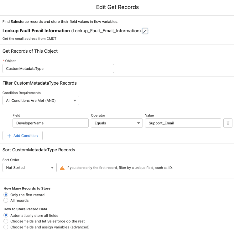 Get Records element to get the Support Email CMDT record